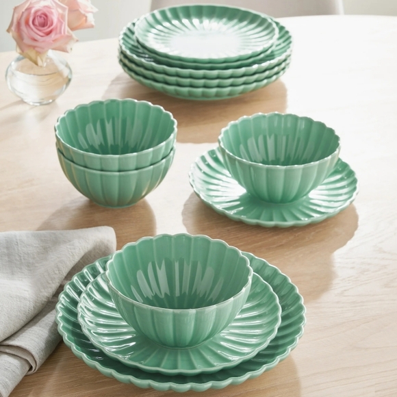 🎄 New Pioneer Woman Colette Scallop Green 12-Piece Dinnerware Set - Picture 10 of 10